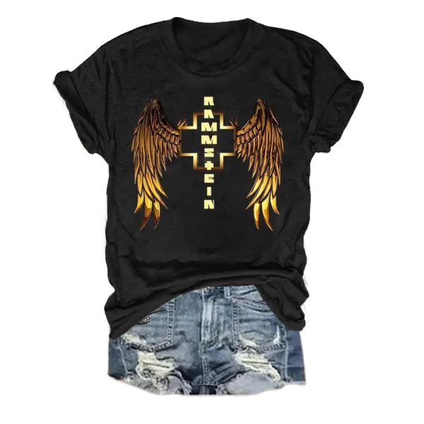 Women's Rammstein Rock Band Wings Short Sleeve Crew Neck T-Shirt - Cotosen.com