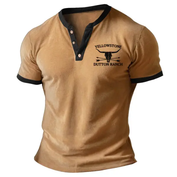Yellowstone Embroidery Terry Towel Men's Vintage Color Block Henley Collar Short Sleeve T-Shirt - Cotosen.com 