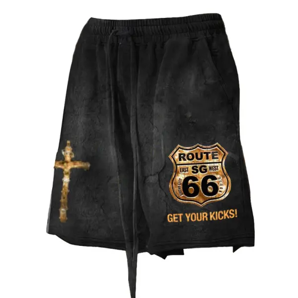 Men's Vintage Route 66 Cross Print Drawstring Distressed Casual Shorts - Ootdyouth.com 