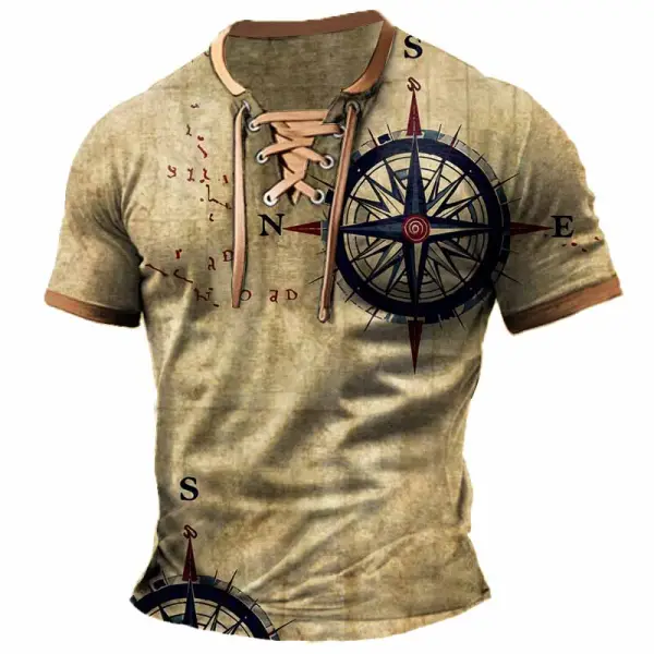 Men's T-Shirt Nautical Compass Map Vintage Lace-Up Short Sleeve Color Block Summer Daily Tops - Elementnice.com 