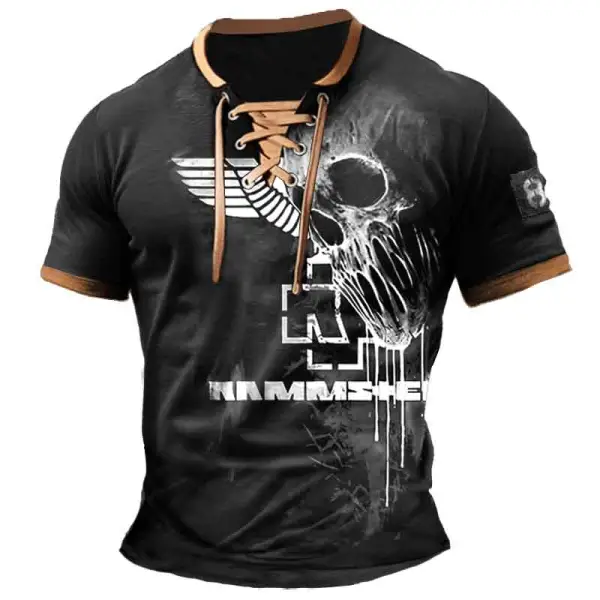 Men's T-Shirt Rammstein Rock Band Skull Vintage Lace-Up Short Sleeve ...