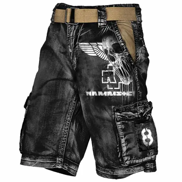 Men's Cargo Shorts Rammstein Rock Band Skull Vintage Distressed Utility Outdoor Shorts - Elementnice.com 