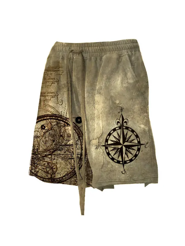 Men's Vintage Nautical Compass Steampunk Auto Wheel Print Drawstring Distressed Casual Shorts - Timetomy.com 