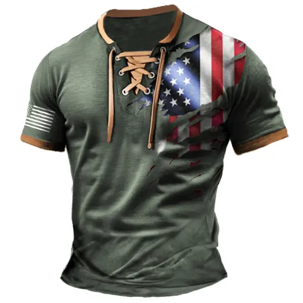 Men's T-Shirt American Flag Patriotic Vintage Lace-Up Short Sleeve Color Block Summer Daily Tops - Cotosen.com