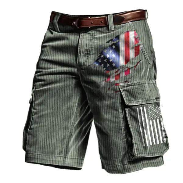 Men's Corduroy American Flag Print Outdoor Vintage Multi Pocket Shorts - Cotosen.com