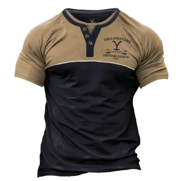 Men's Yellowstone Ribbon Contrast Print Short Sleeved Henley T-shirt - Elementnice.com 