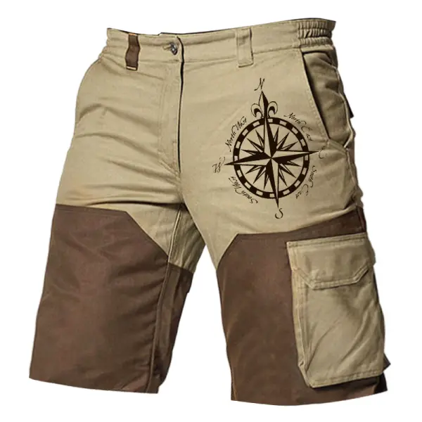 Men's Vintage Nautical Compass Print Outdoor Contrast Color Block Multi Pocket Cargo Shorts - Elementnice.com 