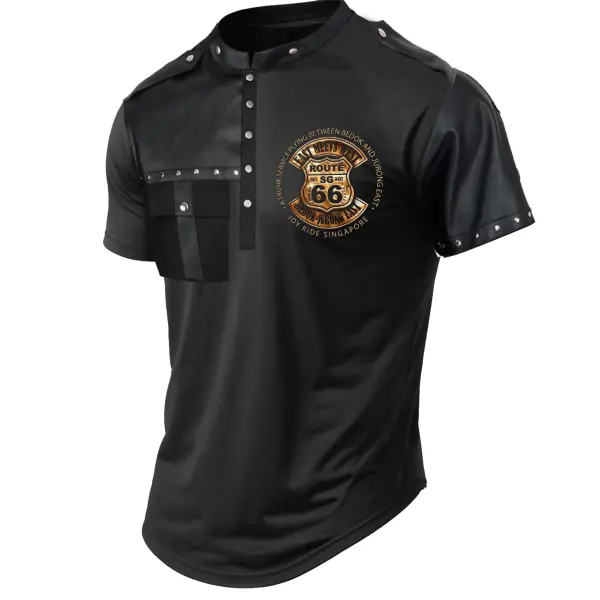 Men's Route 66 Motorcycle Printed Henley Short Sleeve Everyday Pu Leather Patchwork T-Shirt - Elementnice.com 