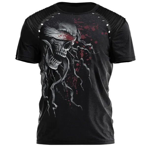 Men's Skull Printed Short Sleeve Everyday Pu Leather Patchwork T-Shirt ...
