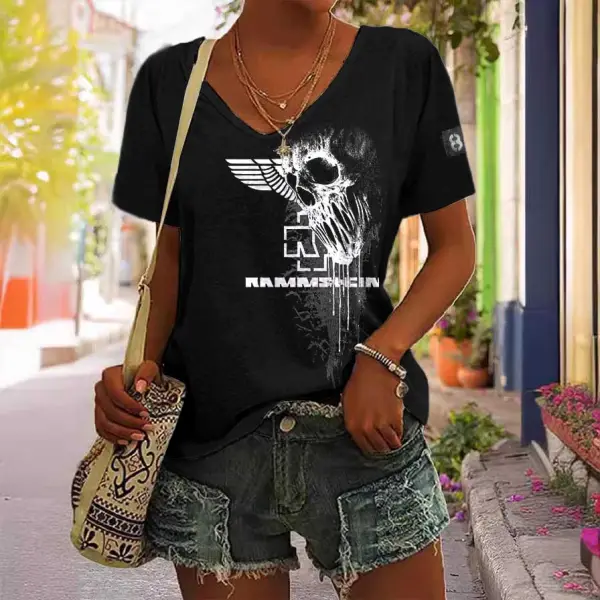 Women's Rammstein Rock Band Skull Print Short Sleeve V-Neck Casual T-Shirt - Cotosen.com