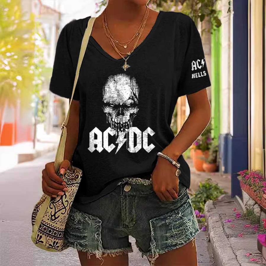 

Women's ACDC Rock Band Hells Bells Skull Print Short Sleeve V-Neck Casual T-Shirt