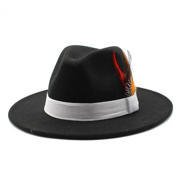 Autumn And Winter New Men's And Women's Wide-brimmed Hats Korean Style Fashion Feather Woolen Jazz Hats British Style Hats - Villagenice.com 