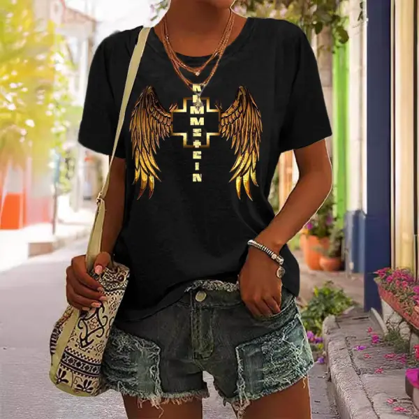 Women's Rammstein Rock Band Wings Short Sleeve Crew Neck T-Shirt - Cotosen.com