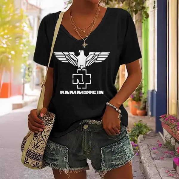 Women's Rammstein Rock Band Print Short Sleeve V-Neck Casual T-Shirt - Cotosen.com
