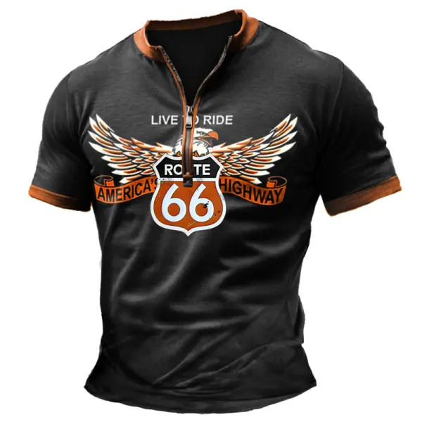 Men's Vintage Route 66 America Highway Eagle Road Trip Color Block Zipper Henley Collar T-Shirt - Cotosen.com