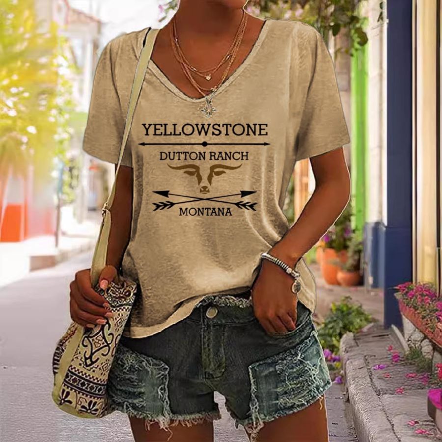

Women's Yellowstone Western Cowboy Print Short Sleeve V-Neck Casual T-Shirt