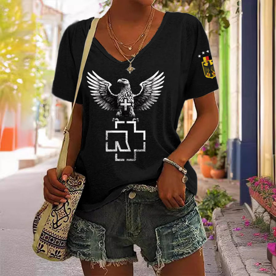 

Women's Rammstein Rock Band German Flag Print Short Sleeve V-Neck Casual T-Shirt