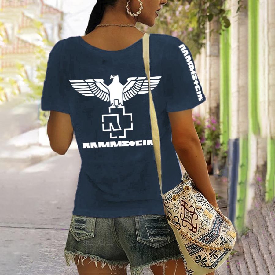 

Women's Rammstein Rock Band Eagle Print Short Sleeve V-Neck Casual T-Shirt