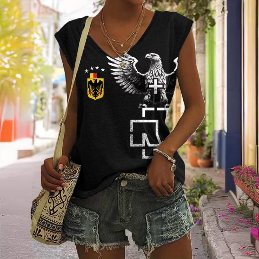 

Women's Rammstein Rock Band Eagle German Flag Print V-Neck Casual Sleeveless Tank Top