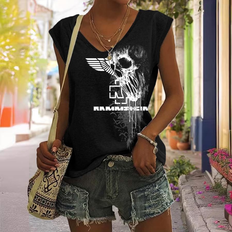 

Women's Rammstein Rock Band Skull Print V-Neck Casual Sleeveless Tank Top