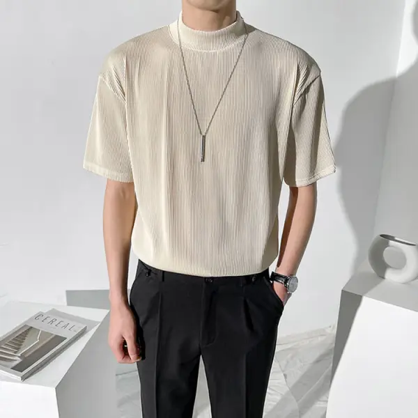 Mens summer simple fold design stand-up collar T-shirt - Stormnewstudio.com 