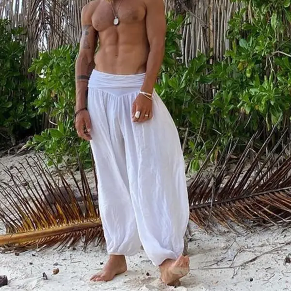 pantalones harem de vacaciones románticas minimalistas de lino para hombre - Faciway.com 