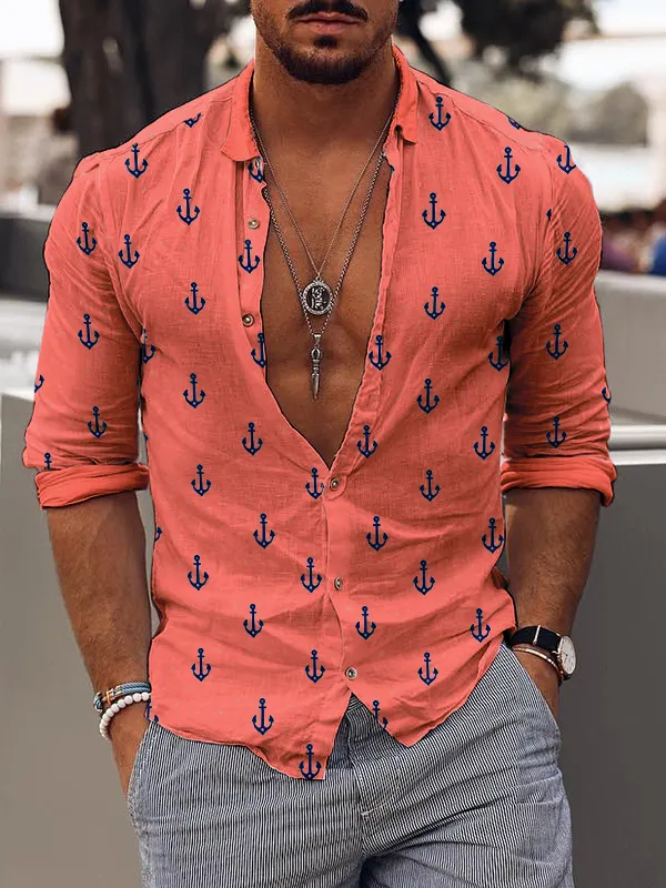 New Mens Fashion Vintage Anchor Print Casual Shirt - Oasisjoy.com 