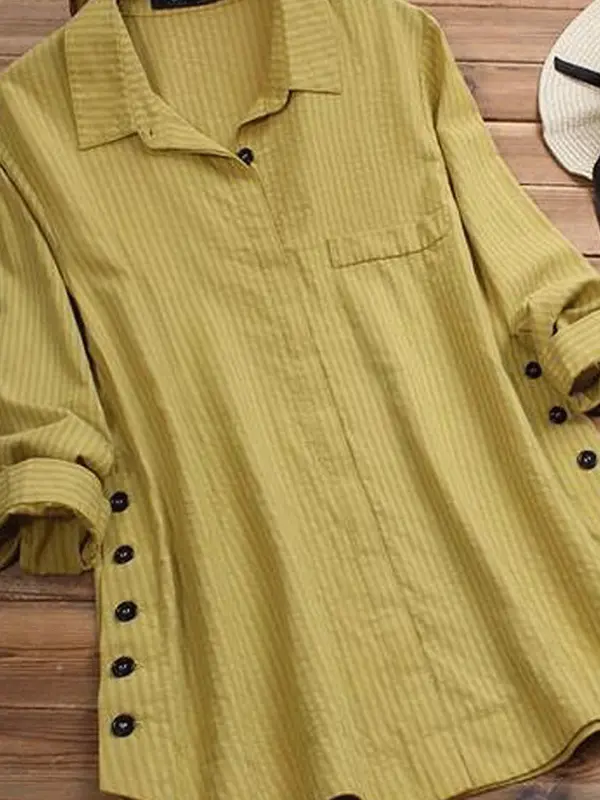 Button Pocket Striped ;ong Sleeved Shirt - Miuwell.com 