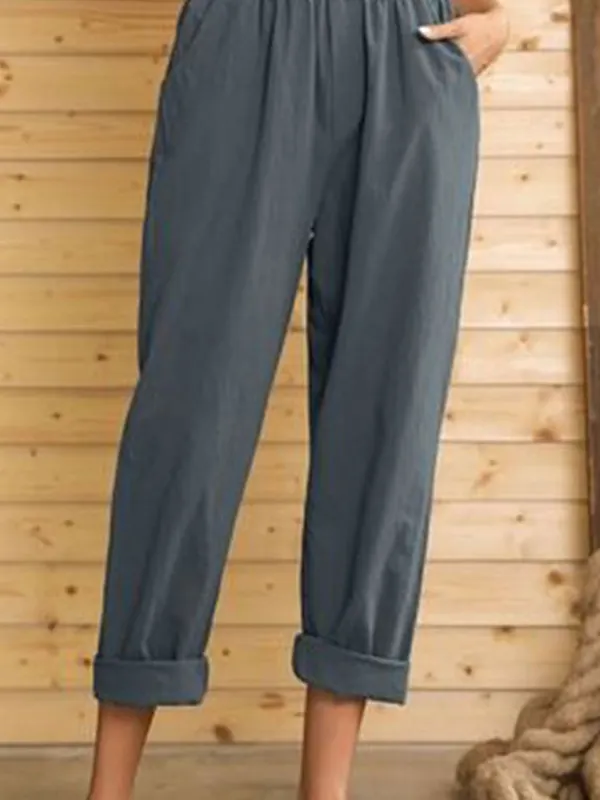 Casual Solid Color Cotton And Linen Long Pants - Miuwell.com 
