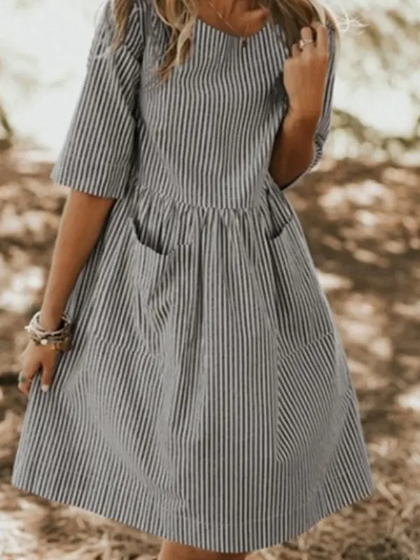 Loose Striped Pocket Dress - Miuwell.com 