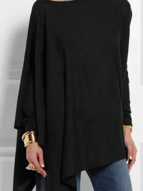 Casual Long Sleeve Loose Irregular Pure Color Pullover T-Shirt Top - Miuwell.com 