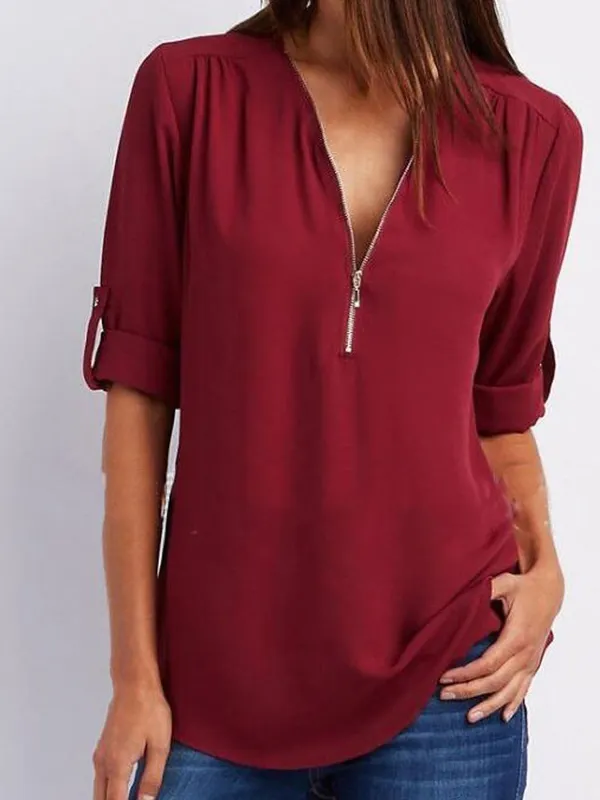 V-Neck  Zips  Plain  Roll-Up Sleeve  Long Sleeve Blouses - Miuwell.com 