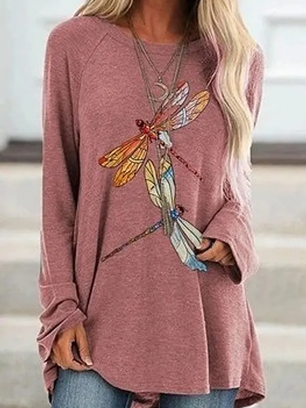 Loose Dragonfly Print Round Neck Long Sleeve T-shirt - Miuwell.com 