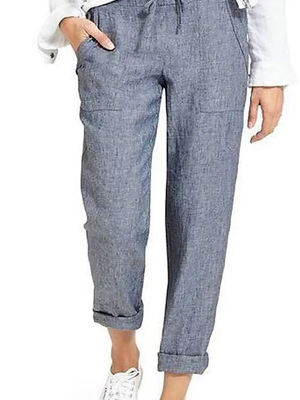 Casual Drawstring High Waist Pocket Loose Cotton And Linen Pants - Miuwell.com 