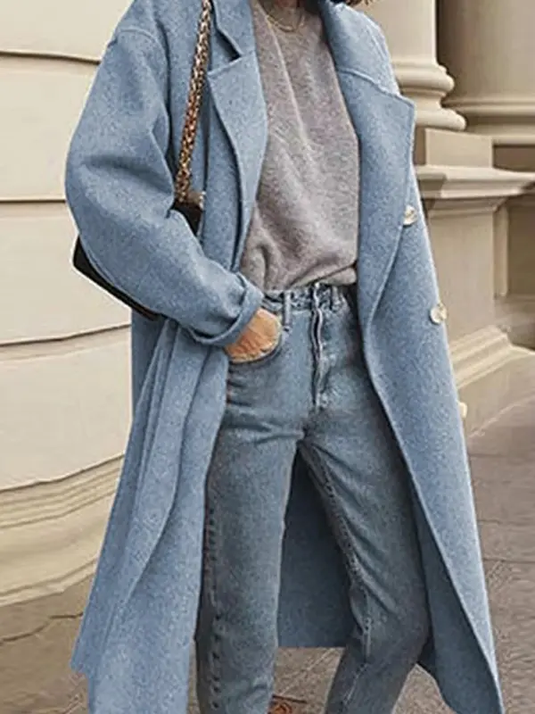 Solid Color Woolen Double-breasted Coat - Miuwell.com 