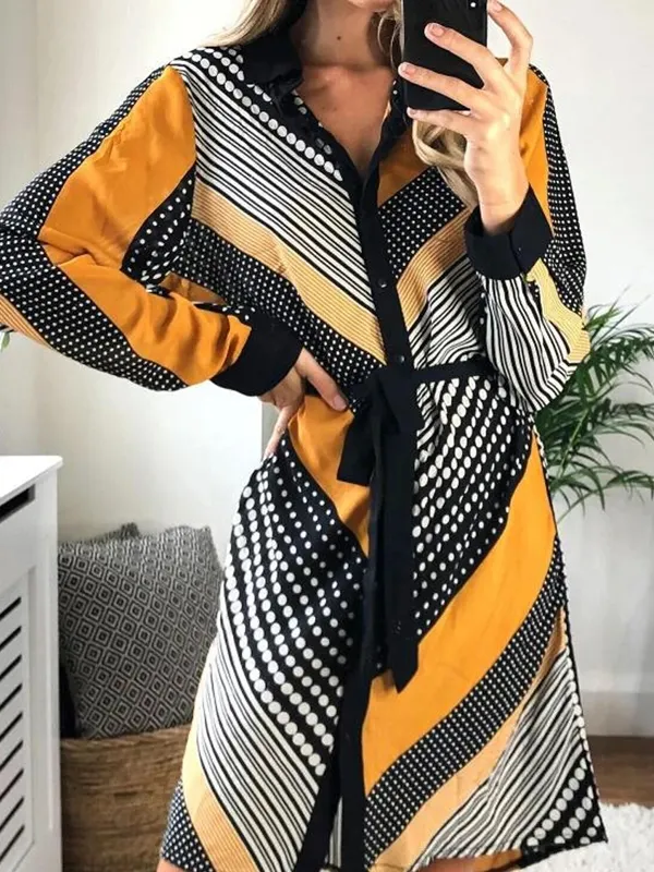 Fashion Tie Print Long Sleeve Dress - Miuwell.com 