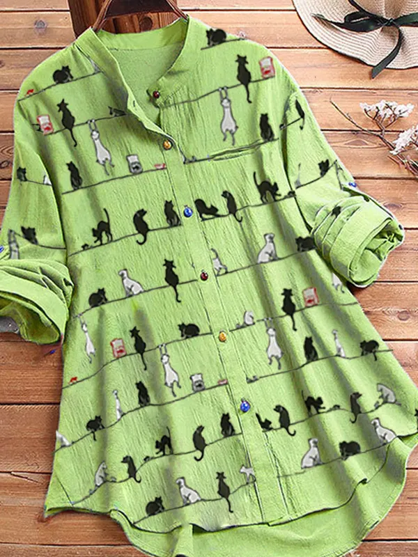 Cat Print Color Button Casual Long Blouse - Miuwell.com 