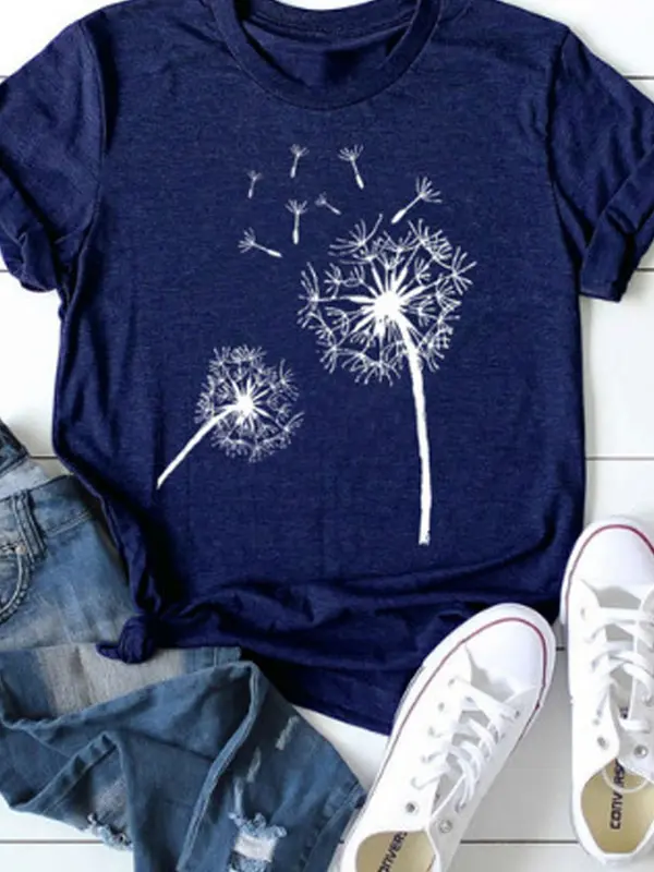 Dandelion Printed Round Neck Short Sleeve T-shirt - Miuwell.com 