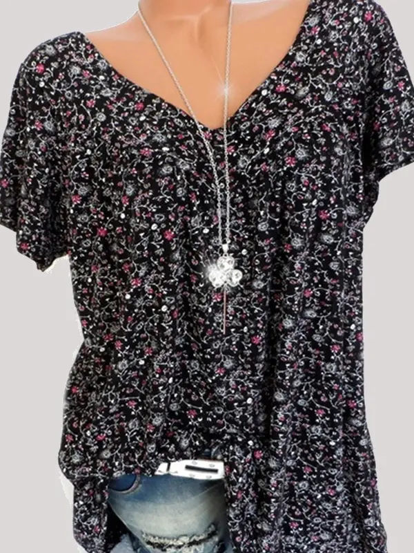 V Neck  Loose Floral Printed Blouses - Miuwell.com 