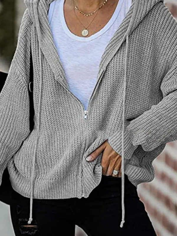 Hooded zipper sweater cardigan - Miuwell.com 