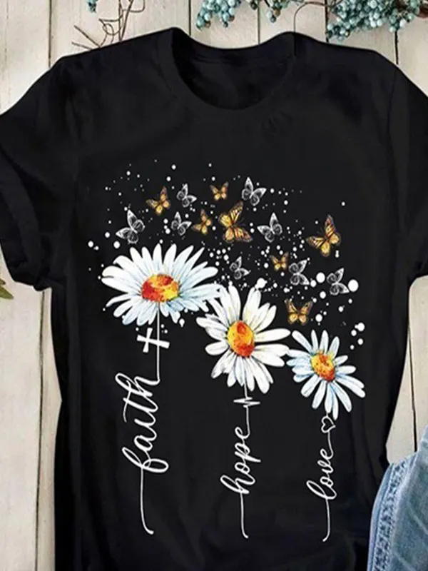 Round Neck Casual Creative Flower Print T-Shirt - Miuwell.com 