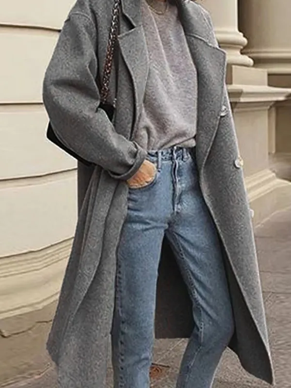 Loose double-breasted woolen coat - Miuwell.com 