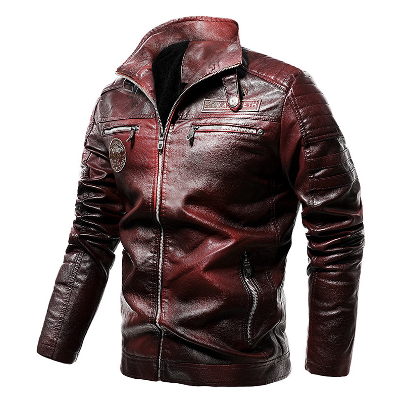 Men's Stand Collar Plus Chic Velvet Embroidered Pu Leather Motorcycle Leather Jacket