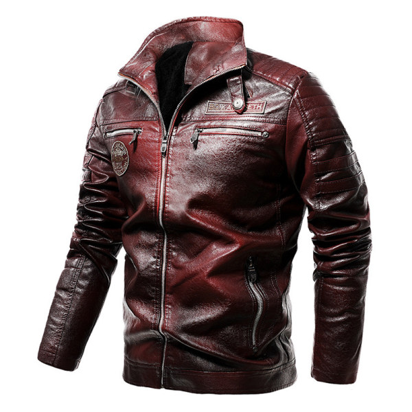 Men's stand collar plus velvet embroidered pu leather motorcycle ...