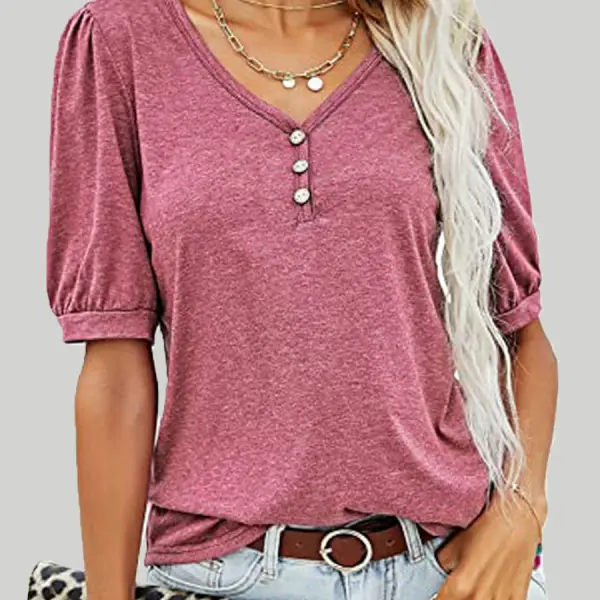 Solid Color Loose V-Neck Women T-Shirt - Styletaken.chimpone.com 