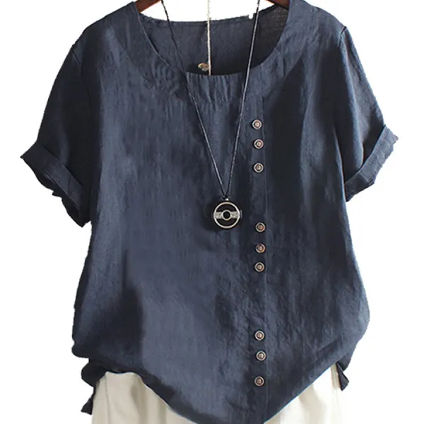 Round Neck Brief Plain Short Sleeve Linen T-Shirts - Styletaken.chimpone.com 