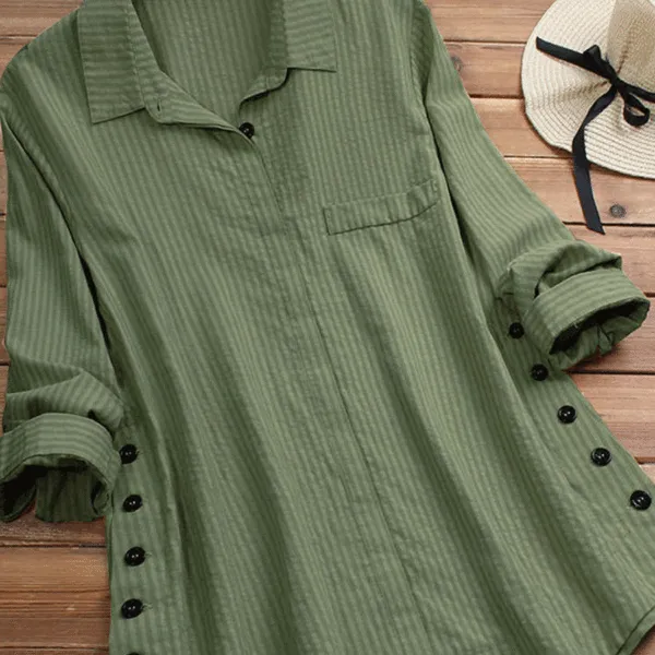 Women's Button Cotton And Linen Pocket Striped Long-sleeved Long Shirt - Styletaken.chimpone.com 