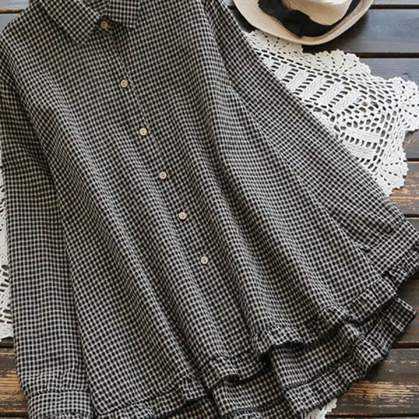 Cotton And Linen Ruffled Plaid Lapel Long-sleeved Blouse - Styletaken.chimpone.com 