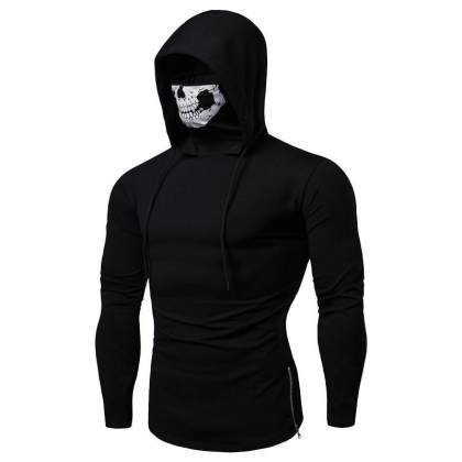 Men's Fitness Skull Mask Printed Long Sleeve Hoodie T-shirt