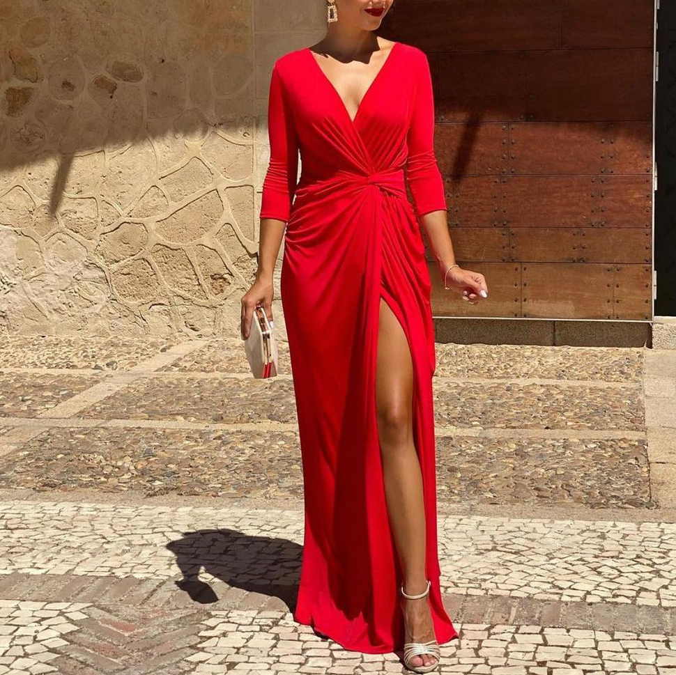 Fashion Solid Color V neck Dress